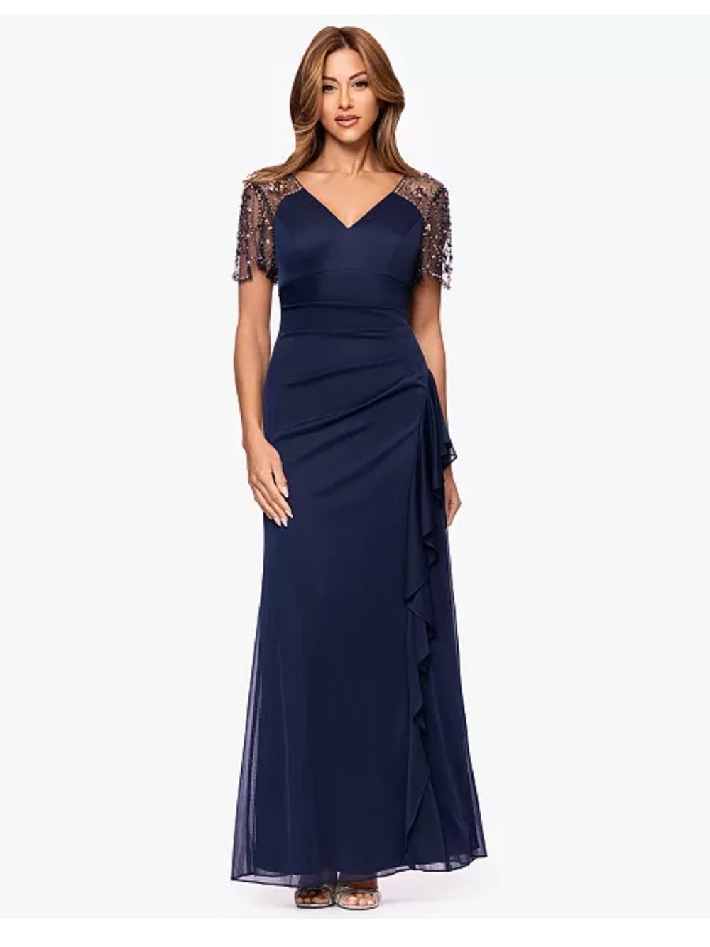 Navy Beaded Sleeve V-Neck Maxi Dress